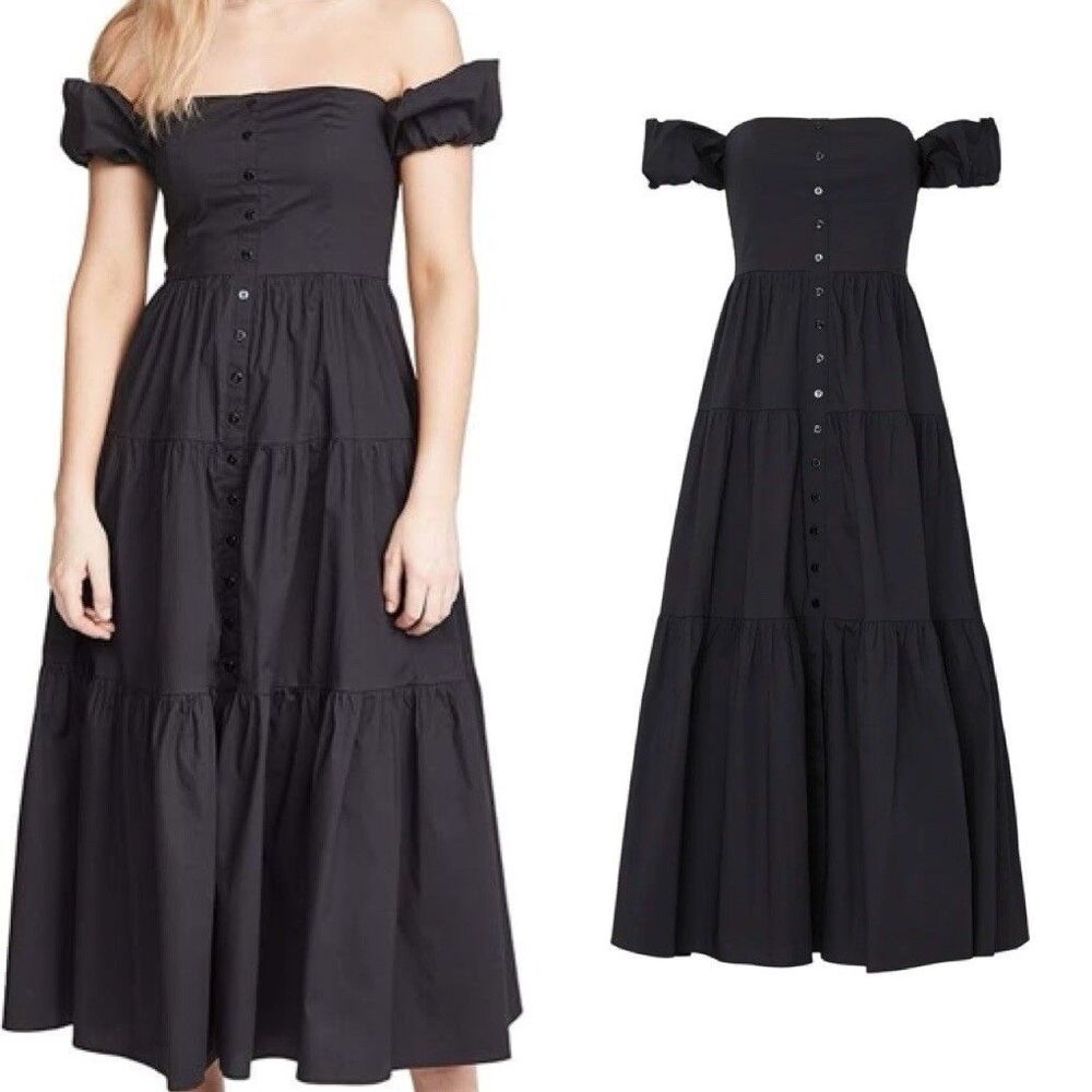 STAUD Black Off-Shoulder Midi Dress